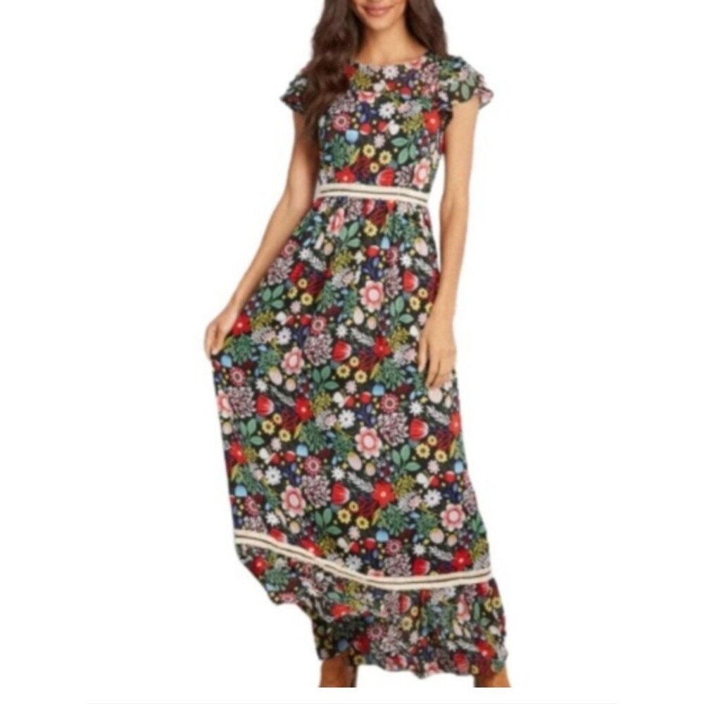 Traffic People quirky flower print maxi bold brunch whimsy dress size small